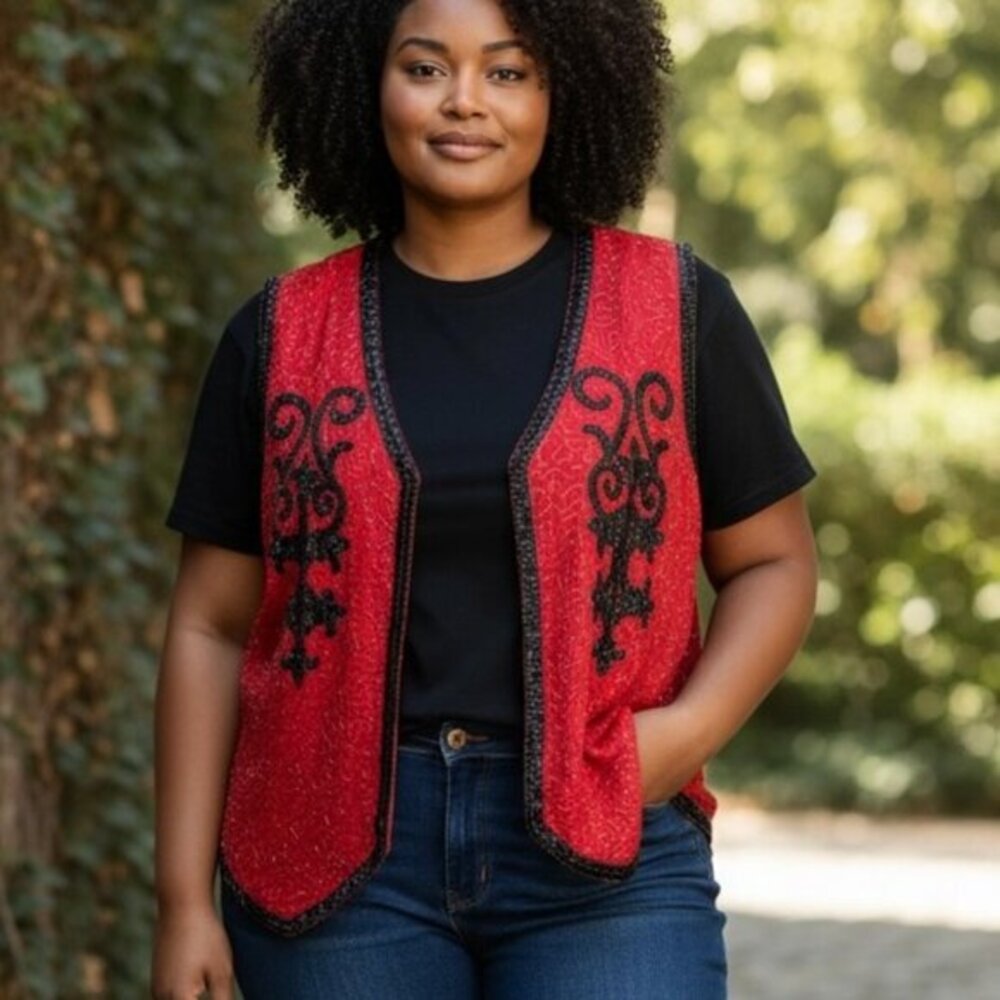 Vintage Laurence Kazar Hand Beaded Vest Women’s Size 2X Silk Red And Black